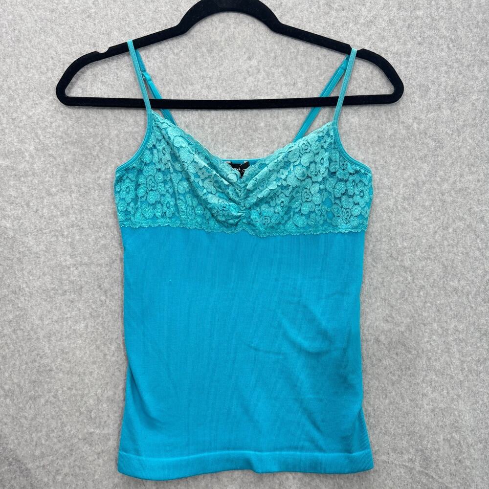 VTG Y2K Bebe Stretchy Knit Lace Trim Cami Tank Top M/L Blue Soft Girl Babydoll